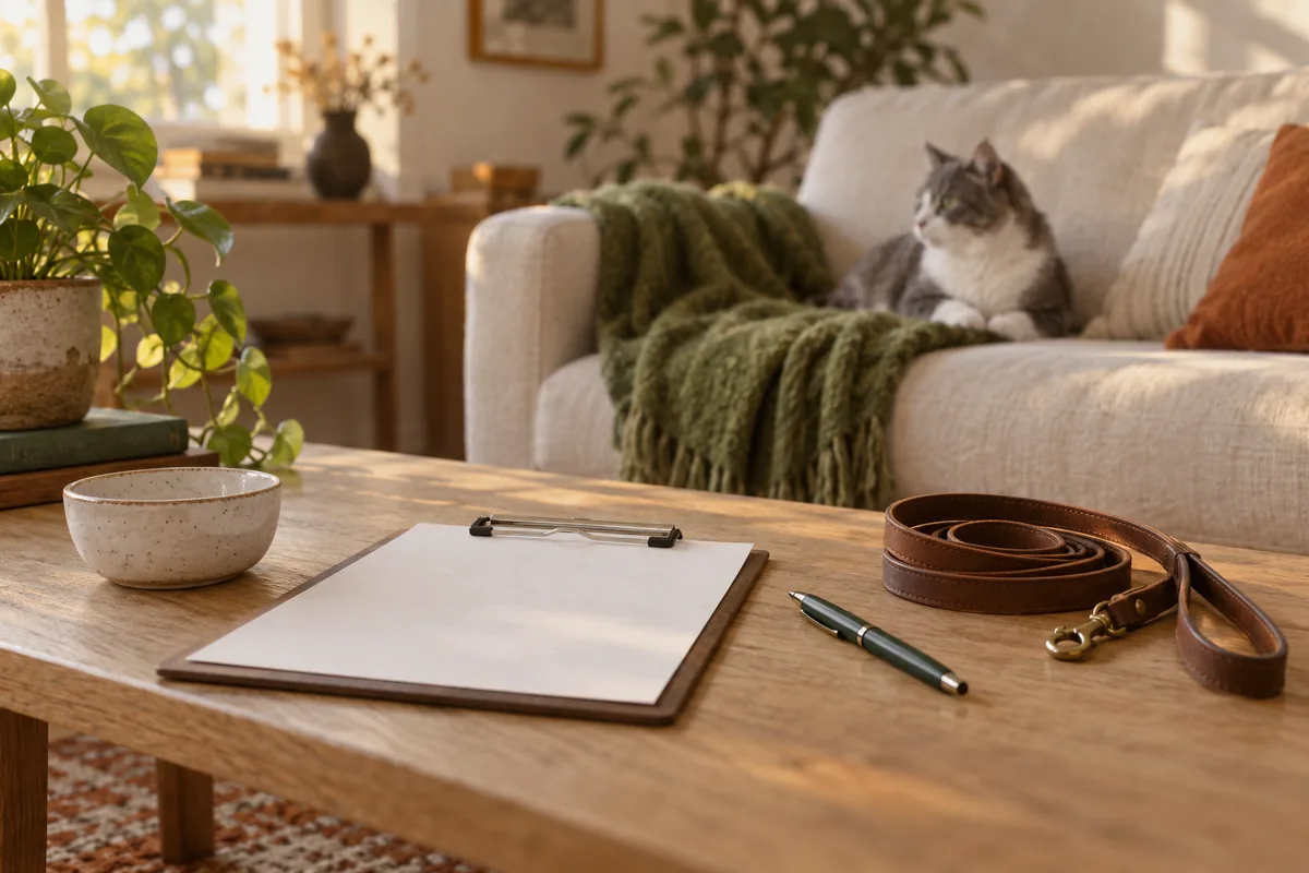 Table basse de salon avec une feuille vierge sur planchette, une laisse enroulée et un chat sur le canapé